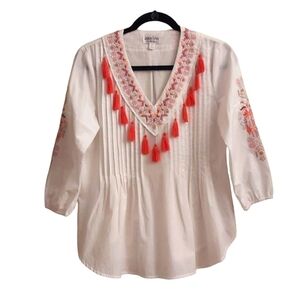JAMIE GRIES V Neck Tassle Embroidered 100% Cotton Pintuck Top XS Aztec Boho